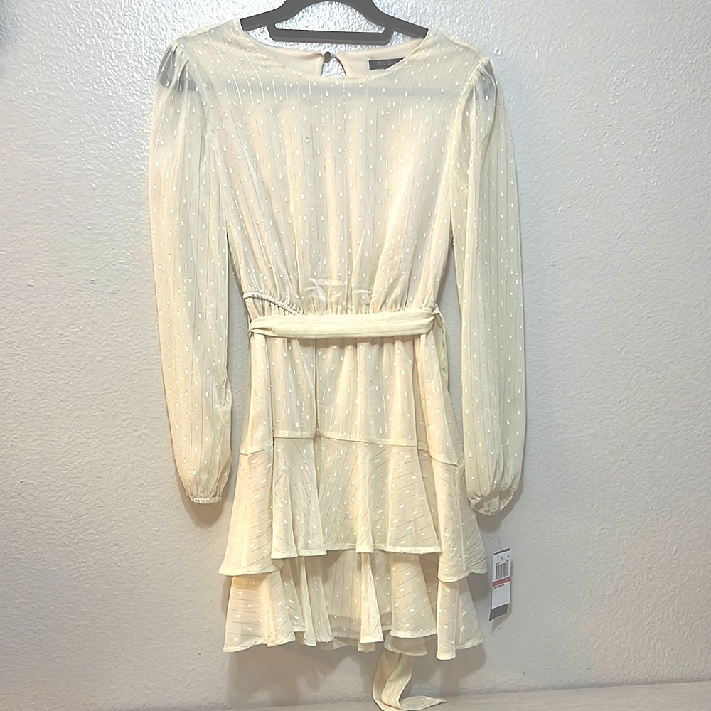 NWT City Studio midi cream long sleeve sheer dotted dress with adjustable bow